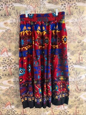 Worthington Red Aztec Print Midi Skirt with Blue & Yellow Accents